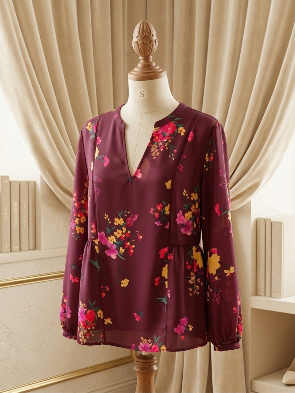 Burgundy Oversized Sheer Blouse Balloon Sleeve Tiered Top XL Old Navy